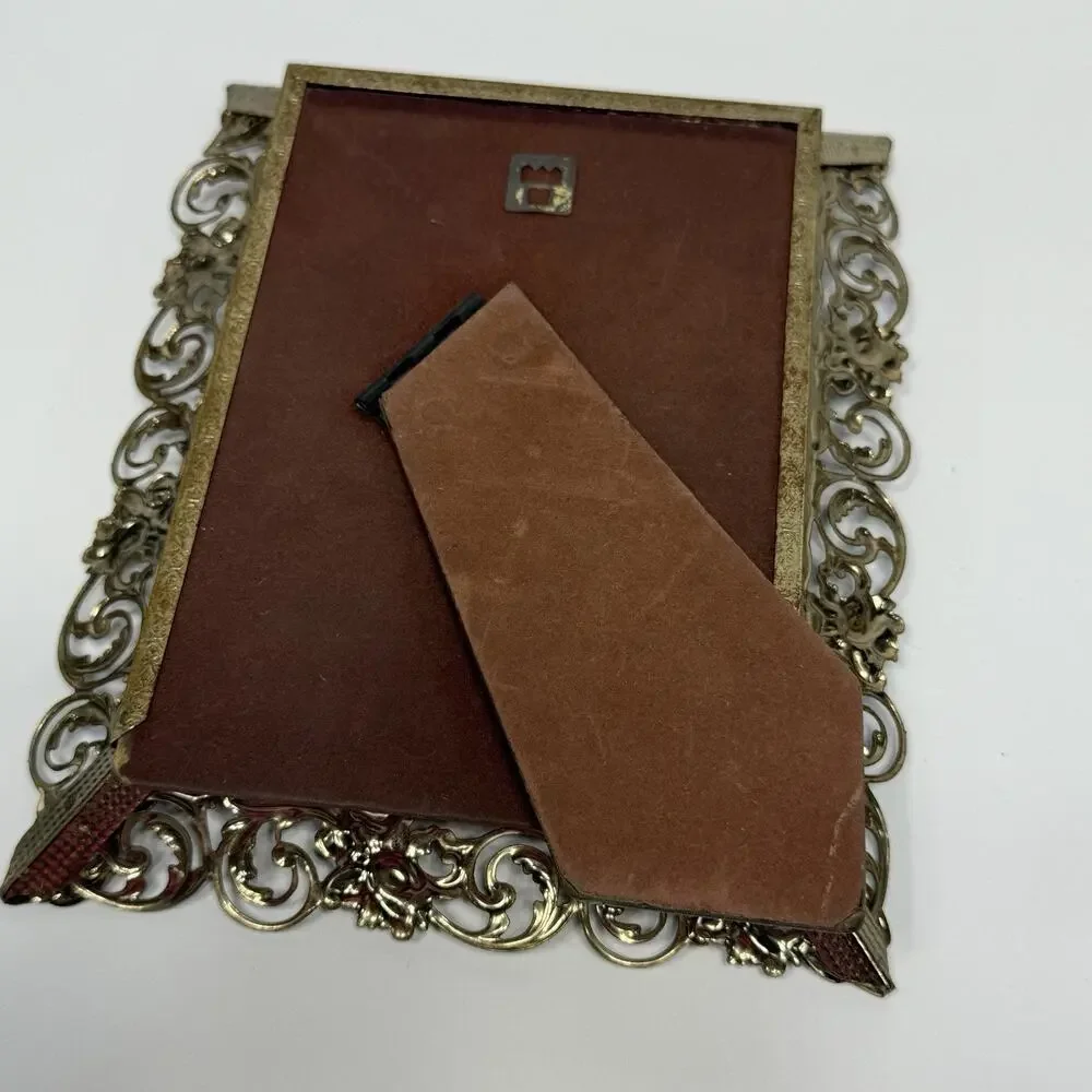 Vtg Brass Gold White Filigree Picture Photo Frame 5x7 Metal Ornate Regency